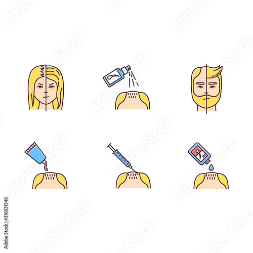 Hair loss RGB color icons set. Male alopecia. Female balding. Haircare, dermatology treatment. Products for hairloss. Medical spray and cream. Injection for regrowth. Isolated vector illustrations