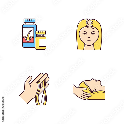 Hair loss RGB color icons set. Female baldness. Alopecia treatment. Woman with thinning hair. Strands of hair on hand. Physiotherapy, vitamin supplements. Isolated vector illustrations