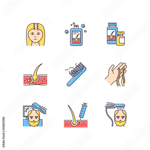 Hair loss RGB color icons set. Male alopecia and female balding. Laser therapy for hair regrowth. Thinning hairline. Follicle, scalp skin. Injection and transplantation. Isolated vector illustrations