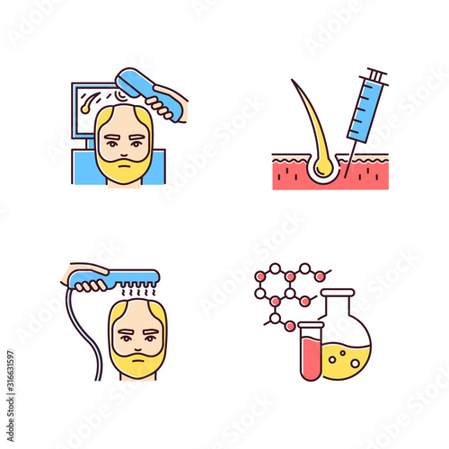 Hair loss RGB color icons set. Laser therapy for men's thinning hair. Medical injection for alopecia. Male hair loss treatment. Chemistry and medicine. Dermatology. Isolated vector illustrations