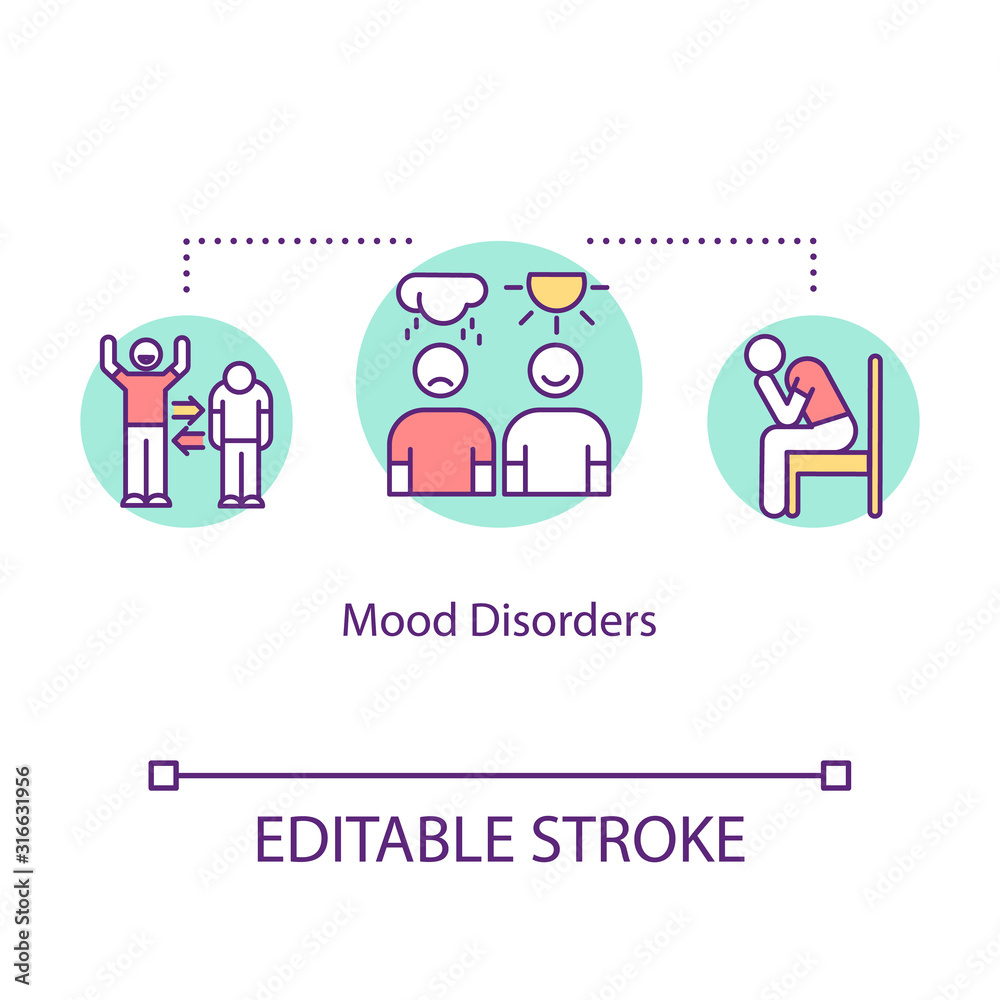 Mood disorders concept icon. Mental illness idea thin line illustration. Psychological problems. Seasonal affective disorder. Depression. Vector isolated outline RGB color drawing. Editable stroke Mood disorders concept icon. Mental illness idea thin line illustration. Psychological problems. Seasonal affective disorder. Depression. Vector isolated outline RGB color drawing. Editable stroke