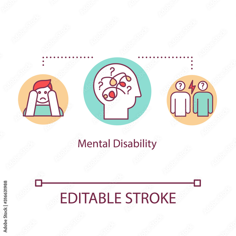 Mental disability concept icon. Psychological problems idea thin line illustration. Panic attack. Depression. Psychosis. Psychiatric sickness. Vector isolated RGB color drawing. Editable stroke Mental disability concept icon. Psychological problems idea thin line illustration. Panic attack. Depression. Psychosis. Psychiatric sickness. Vector isolated RGB color drawing. Editable stroke