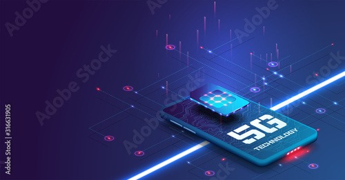 New 5th generation of internet, 5G network wireless with High speed connection. New generation of wireless eSIM cards,SIM card on mobile phone background.Isometric futuristic hi-tech smartphone.Vector