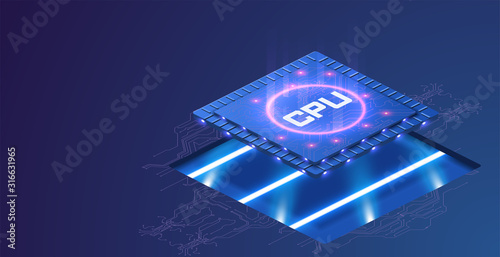 Futuristic microchip processor with lights on the blue background. Microchip processor with lights effects. cybernetic system, futuristic computing technology. CPU isometric vector banner.Digital chip