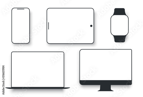 White desktop computer display screen smartphone tablet portable notebook or laptop. Gadgets display to present visual information.  Vector flat style cartoon illustration isolated on white background