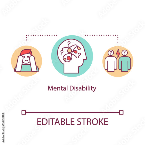 Mental disability concept icon. Psychological problems idea thin line illustration. Panic attack. Depression. Psychosis. Psychiatric sickness. Vector isolated RGB color drawing. Editable stroke
