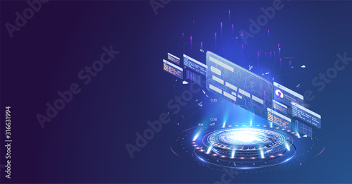 Fototapeta Naklejka Na Ścianę i Meble -  Card in the form of a hologram on a blue futuristic background. Can use for web banner, infographics. Flat isometric vector illustration isolated. Business, financial illustration concept.