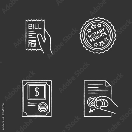 Notary services chalk white icons set on black background. Apostille and legalization. Notarized document. Stock certificate. Bill, receipt. Stamp. Validation. Isolated vector chalkboard illustrations
