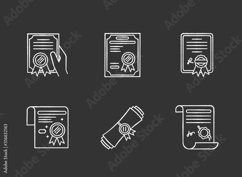 Certificates chalk white icons set on black background. Apostille and legalization. Diploma. Notarized document. License. Achivement. Award. Notary services. Isolated vector chalkboard illustrations