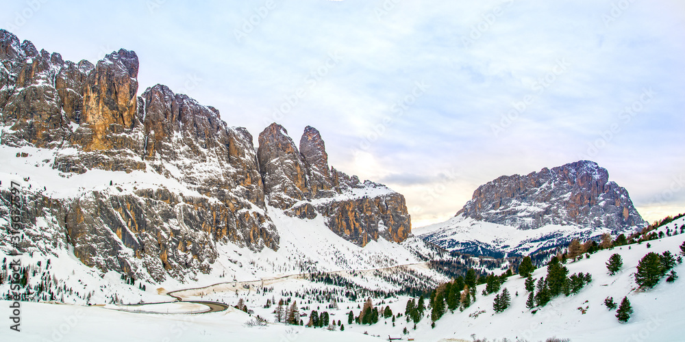 Dolomites landscape panorama in winter, Italy, Passo Gardena mountain pass
