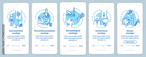 Oncology onboarding mobile app page screen with concepts. Gastrointestinal oncology. Cancer treatment walkthrough five steps graphic instructions. UI vector template with RGB color illustrations