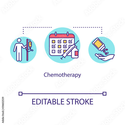 Chemotherapy concept icon. Cancer treatment idea thin line illustration. Oncology therapy. Medical help. Pills and medicine dropper. Vector isolated outline RGB color drawing. Editable stroke