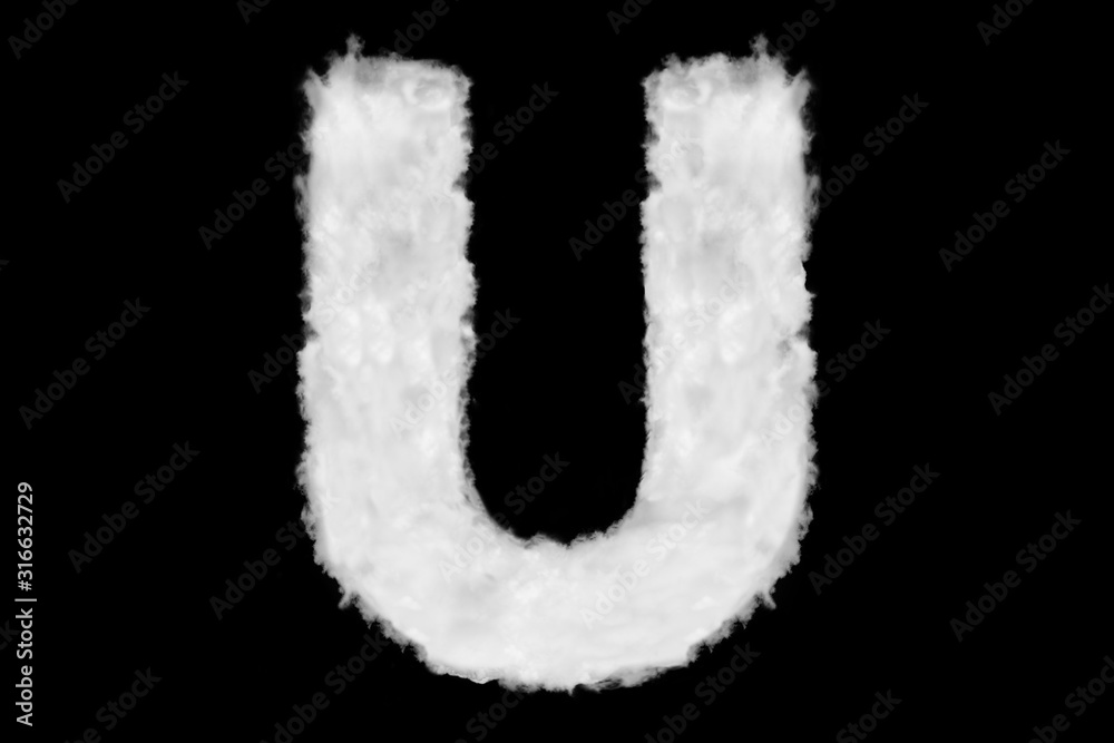 Letter U font shape element made of clouds on black background ready for mask or blending modes