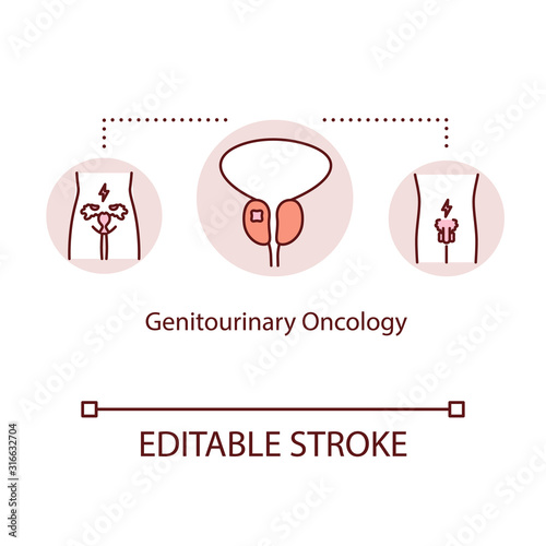 Genitourinary oncology concept icon. Reproductive system cancer idea thin line illustration. Medical examination. Diagnostic. Tumor research. Vector isolated outline RGB color drawing. Editable stroke