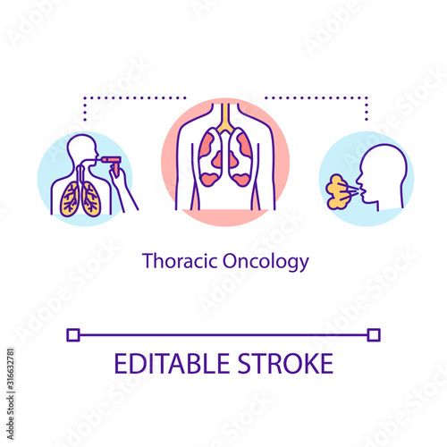 Thoracic oncology concept icon. Cancer treatment idea thin line illustration. Tumor medical exam. Illness therapy. Biopsies. Vector isolated outline RGB color drawing. Editable stroke