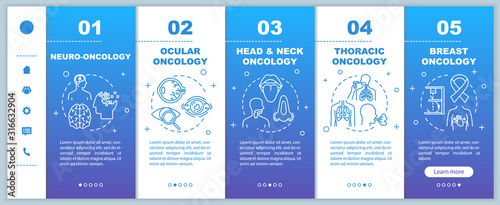 Oncology onboarding vector template. Ocular and thoracic cancer treatment. Head and neck, breast oncology. Responsive mobile website with icons. Webpage walkthrough step screens. RGB color concept