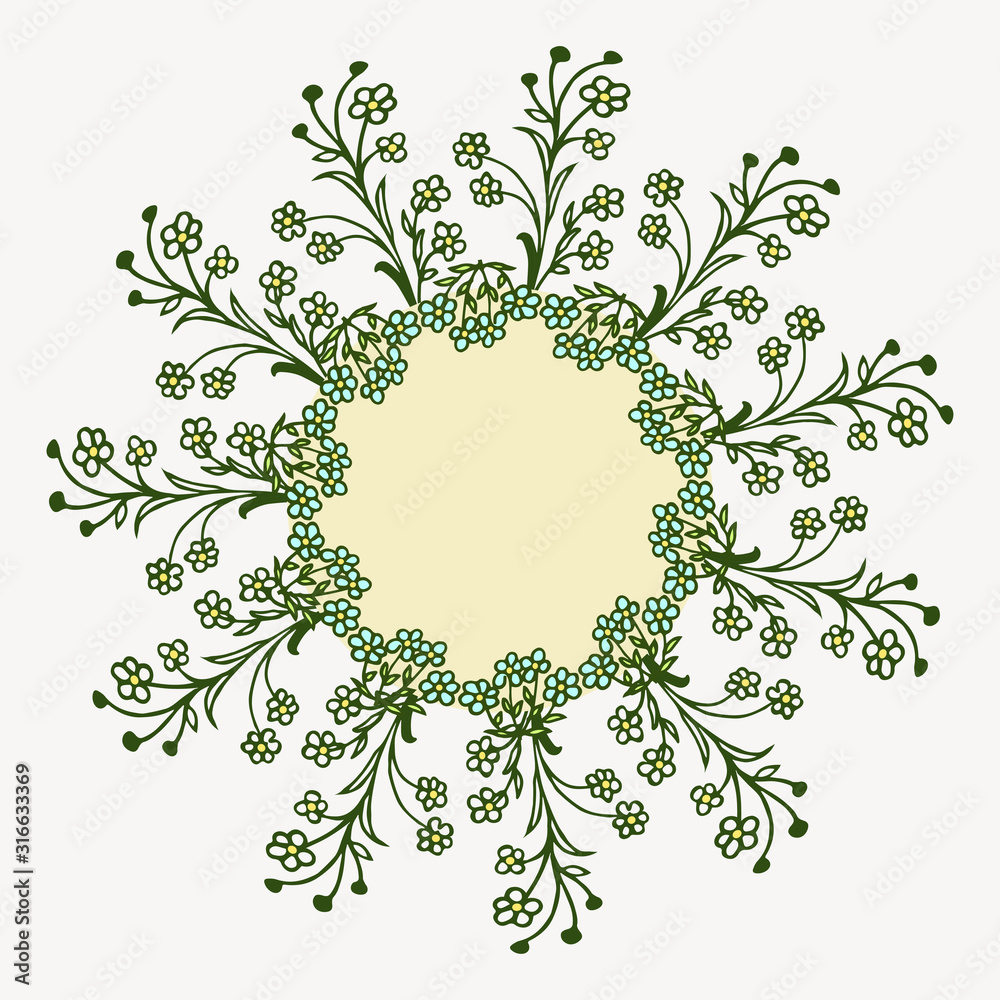 Vector roundframe with spring motif, small monochrome flowers collected in a wreath, in the center with a place for text, freehand floral branch design, for design cards, wedding invitations, March 8