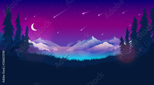 Meteor shower. Falling stars in the night sky. Meteorites, comets, moon, space, mountains and forest. Beautiful astrological phenomenon.  Astronomy, astrology background concept. Vector illustration.