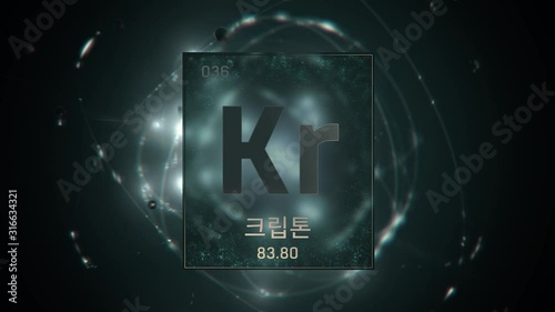 Krypton as Element 36 of the Periodic Table. Seamlessly looping 3D animation on grey illuminated atom design background orbiting electrons name, atomic weight element number in Korean language photo