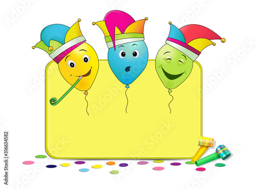 Fasching und Karneval blanko Karte mit bunte und lustige Luftballons, Vektor Illustration isoliert auf weißem Hintergrund 