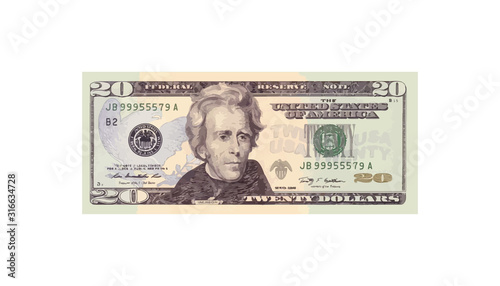 20 Dollars money realistic paper banknotes of USA - vector business art illustration photo