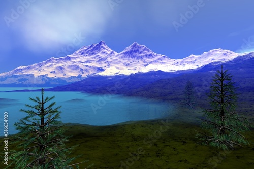 Snowy mountains, an alpine landscape, coniferous trees around blue lake and clouds in the sky.