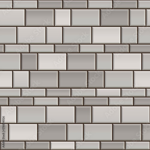 Seamless texture of gray and white brick wall. Repeating pattern of grey cube stone with black seams background