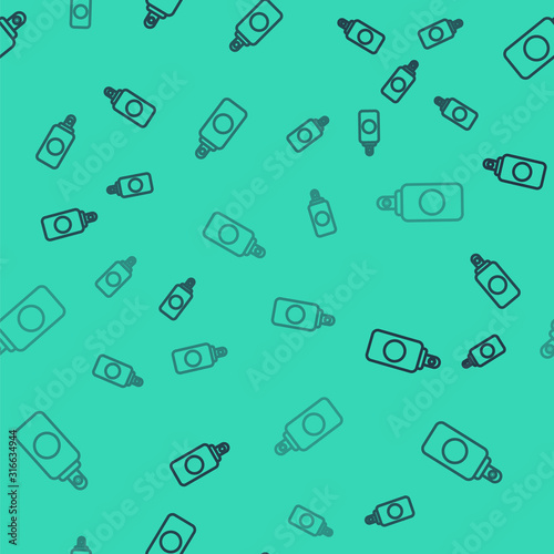 Black line Spray can for air freshener, hairspray, deodorant, antiperspirant icon isolated seamless pattern on green background. Vector Illustration