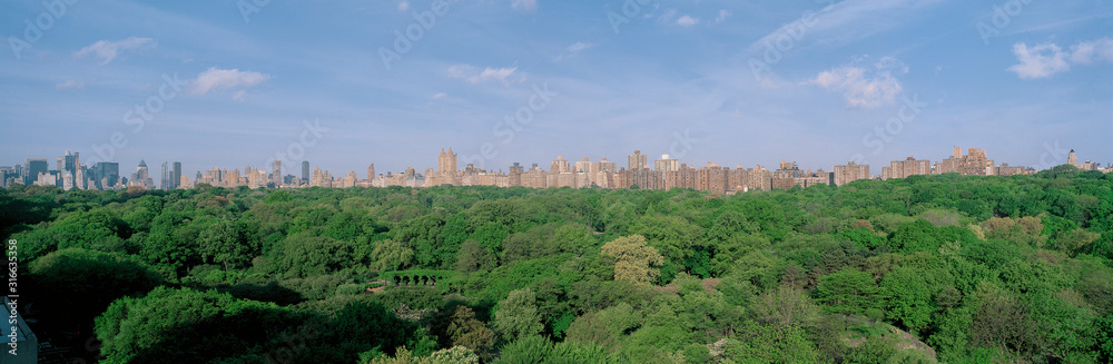This is an aerial view of Central Park and the Manhattan skyline with the Upper West Side on the right. The green trees of Central Park in the summer are in the foreground.