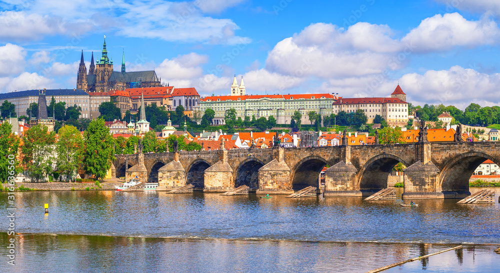 Prague castle and Charles Bridge in Prague, Czech Republic