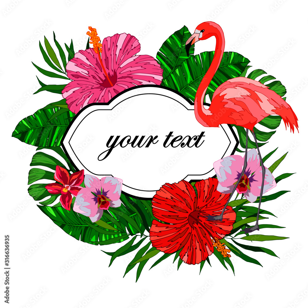 Fototapeta banner for text, greeting card with tropical flowers and leaves, flamingo