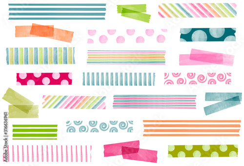 Collection of watercolor washi tape strips. EPS file has global colors for easy color changes and semitransparent tape strips.