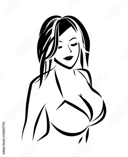 Nude Girl in Swimsuit, Outline vector illustration of Lady in bra for Lingerie shop or Women Breast Surgery clinic.