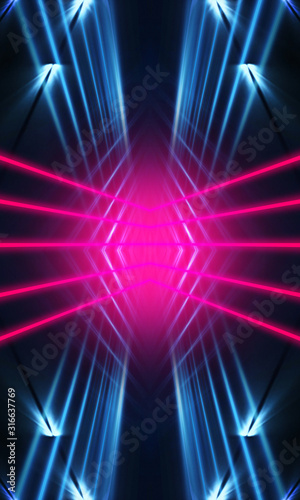 Dark neon background with lines and rays. Blue and pink neon. Abstract futuristic background. Night scene with neon, light reflection.