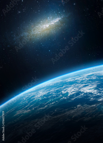 Planet Earth in outer space. Stars and galaxies on background. Nebula. Elements of this image furnished by NASA © dimazel