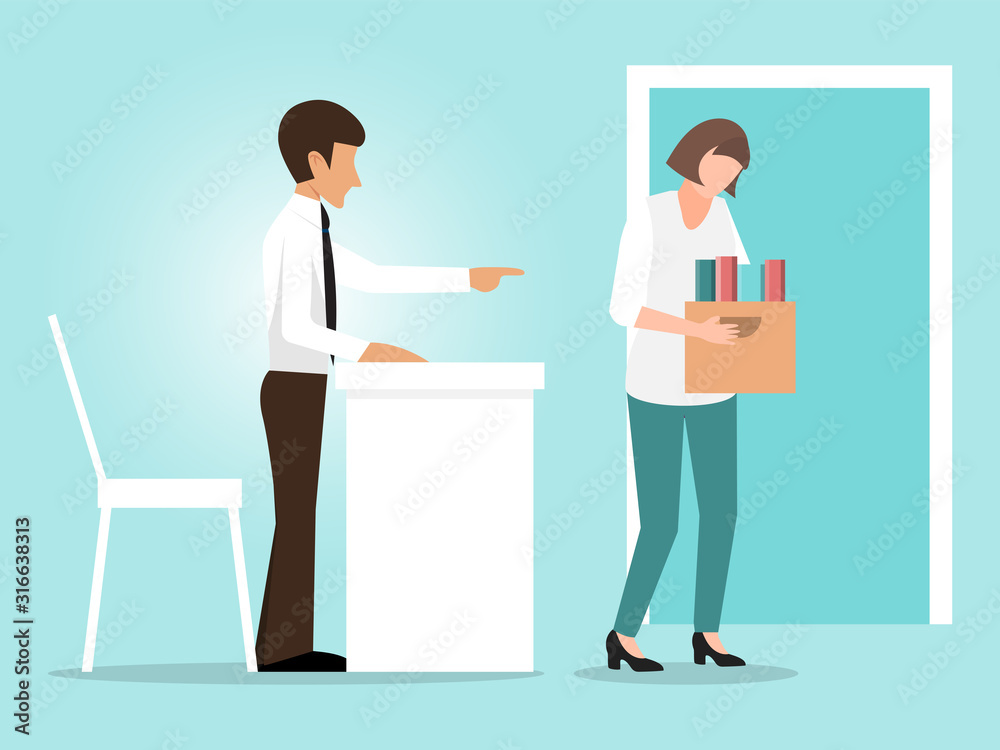Woman dismissal concept vector illustration. Businessman fired woman. Girl with box quit work, unfair dismissed Woman dismissal concept vector illustration. Businessman fired woman. Girl with box quit work, unfair dismissed