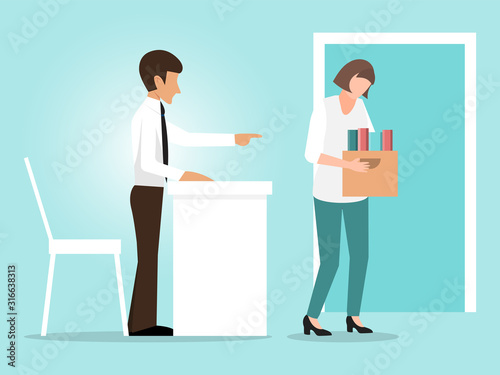 Woman dismissal concept vector illustration. Businessman fired woman. Girl with box quit work, unfair dismissed