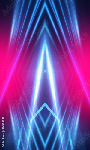 Dark neon background with lines and rays. Blue and pink neon. Abstract futuristic background. Night scene with neon, light reflection.