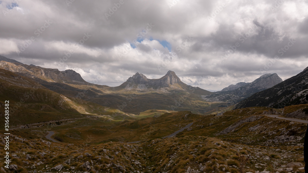 Landscape of mountain peaks in Durmitor National Park, Montenegro. Pass Saddle