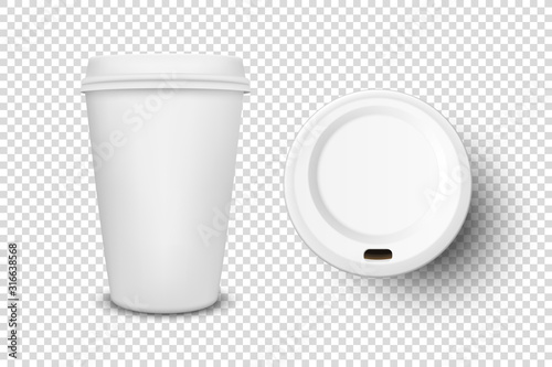 Vector 3d Realistic Disposable Opened and Closed Paper, Plastic Coffee, Tea Cup for Drinks with White Plastic Lid Icon Set Closeup Isolated on Transparent Background. Design Template, Mockup. Top View