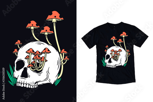 Skull with mushroom illustration for t shirt design