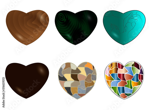 Set of hearts from various materials. Malachite, turquoise, chocolate, wood and mosaic to decorate your Valentines.