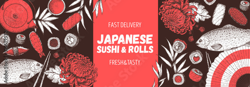 Sushi and rolls vector illustration. Hand drawn sketch. Japanese food menu design. Vintage vector elements for japanese cuisine menu. Retro style design. Food and drink collection.