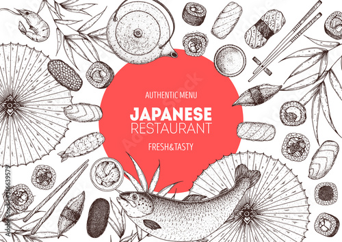 Sushi and rolls vector illustration. Hand drawn sketch. Japanese food menu design. Vintage vector elements for japanese cuisine menu. Retro style design. Food and drink collection.