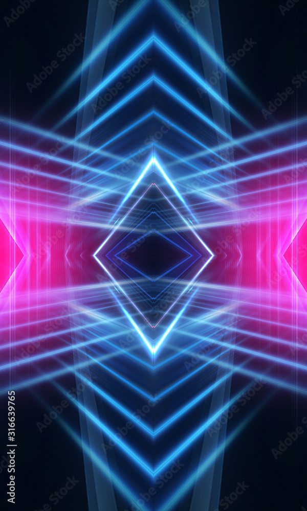 Dark neon background with lines and rays. Blue and pink neon. Abstract futuristic background. Night scene with neon, light reflection. Dark neon background with lines and rays. Blue and pink neon. Abstract futuristic background. Night scene with neon, light reflection.