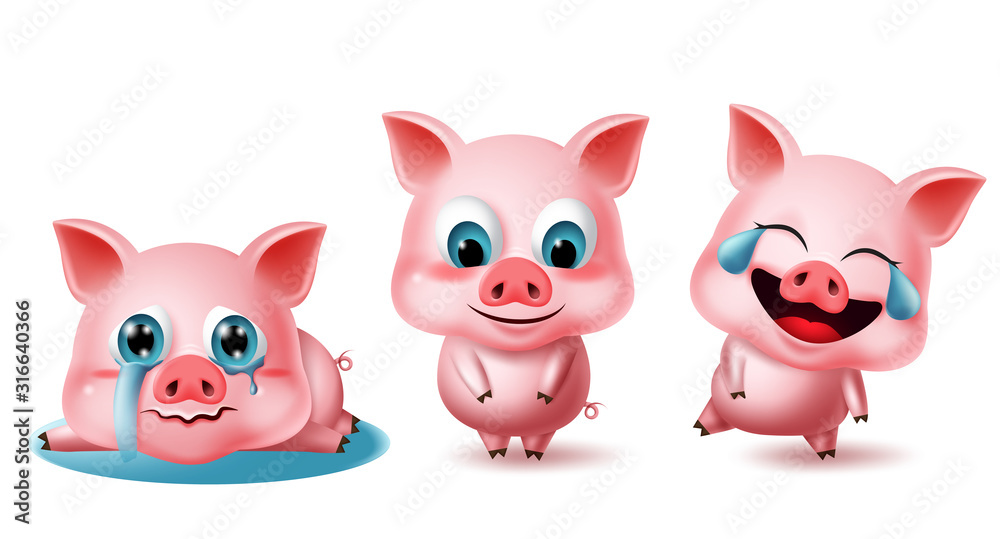 Pigs character vector set. Pig animal characters 3d elements in different pose and expressions like crying, blissful, laughing, lying, and standing isolated in white background. Vector illustration.