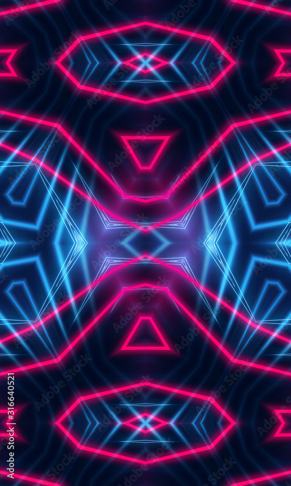 Dark neon background with lines and rays. Blue and pink neon. Abstract futuristic background. Night scene with neon, light reflection. Dark neon background with lines and rays. Blue and pink neon. Abstract futuristic background. Night scene with neon, light reflection.