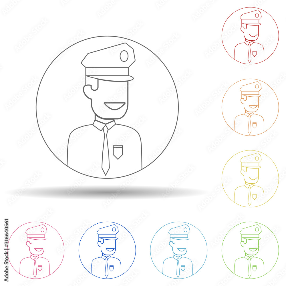 Avatar of policeman in multi color style icon. Simple thin line, outline vector of avatar icons for ui and ux, website or mobile application Avatar of policeman in multi color style icon. Simple thin line, outline vector of avatar icons for ui and ux, website or mobile application