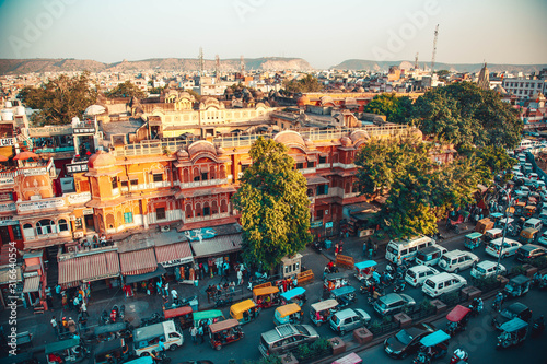 An aerial view on the street in front of the Hawa Mahal also known as the Palace of the Winds in the pink city of Jaipur in Rajasthan