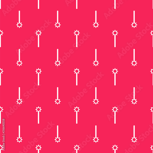 White line Medieval chained mace ball icon isolated seamless pattern on red background. Medieval weapon. Vector Illustration